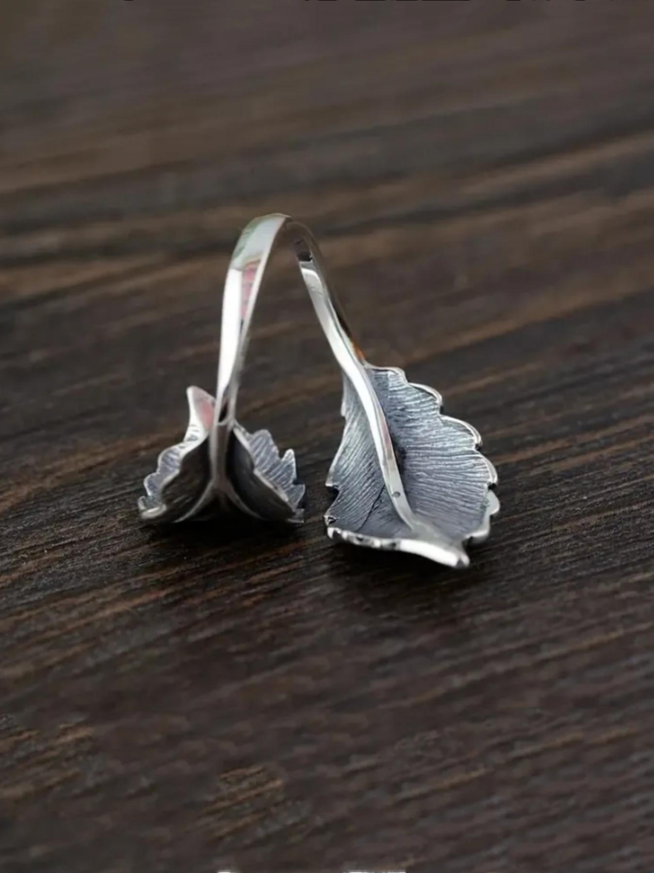 925 Sterling Silver Vintage Style Leaf Design Cuff Ring, Adjustable Open Ring, Fashion Hand Jewelry Accessories for Women & Men, Elegant Ring