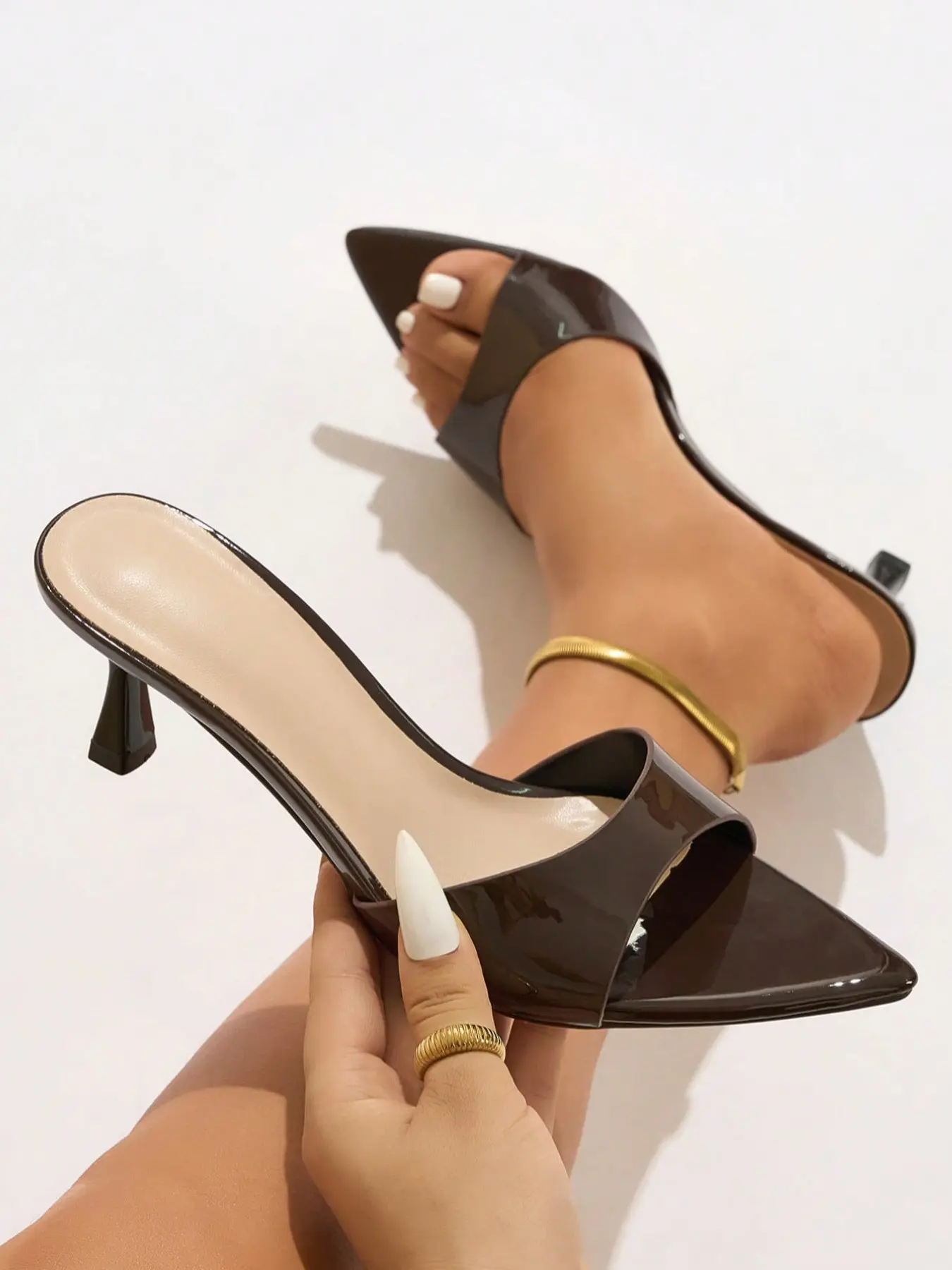 Women Elegant Brown Mirror Finish Mule Sandals Pointed Open Toe Kitten Low Heels Slip On Dress Shoes Versatile for Party Date Vacation Valentine’s Mother’s Day Holiday Gift