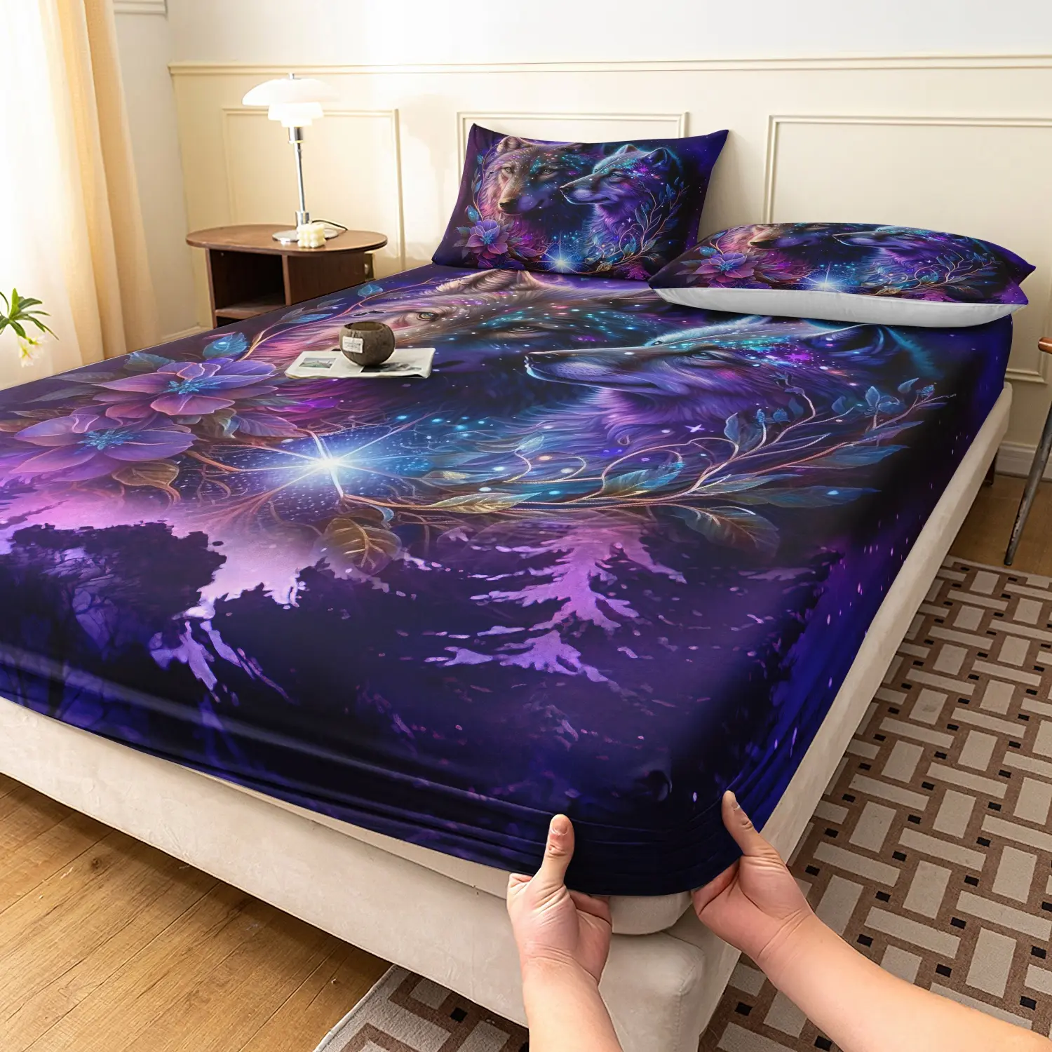 Purple Galaxy Forest Wolves Floral 3 Pieces Fitted Sheet Set, Starry Night Wild Wolf Flower Pine Tree Print Bedding, Soft Microfiber Fantasy Wildlife Bedroom Decor (1 Fitted Sheet + 2 Pillowcases, No Pillow)