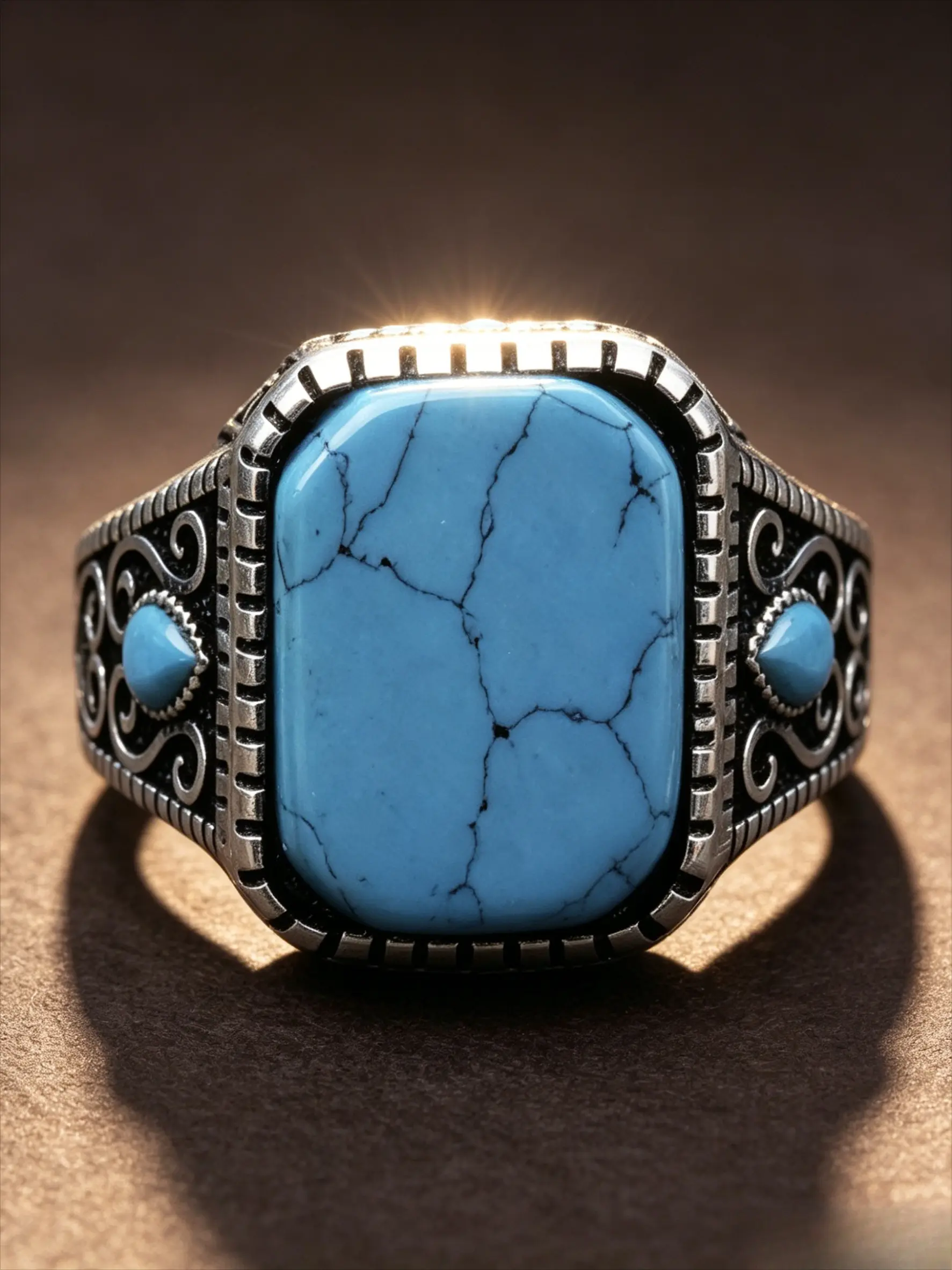 Two Tone Stainless Steel Men Signet Ring, Large Natural Texture Turquoise Inlay, Scroll Floral Embossed Wide Band With Tiny Teardrop Turquoise, Hypoallergenic Tarnish Resistant Western Ethnic Jewelry Gift For Men