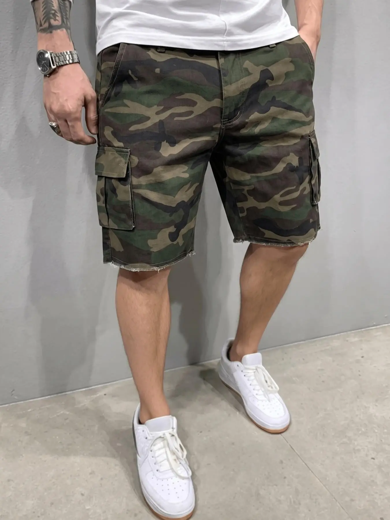 American Vintage Workwear Y2K Men's Camo Print Short Pants, Camouflage Shorts, Loose Fit, Mid Waist, Zipper Fly, Casual Street Style, Spring Summer
