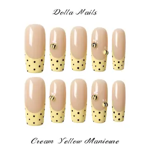 Dolla Nails 100% Handmade Long Square Press-On Nails|Cute Kawaii Style|Sheer Nude Base Cream Yellow Tip Black Polka Dot 3D Mini Bee Ornament Detail|Sweet Minimal Design|Salon Quality|Reusable|No Nail Damage|Perfect for Daily Wear & Vacation