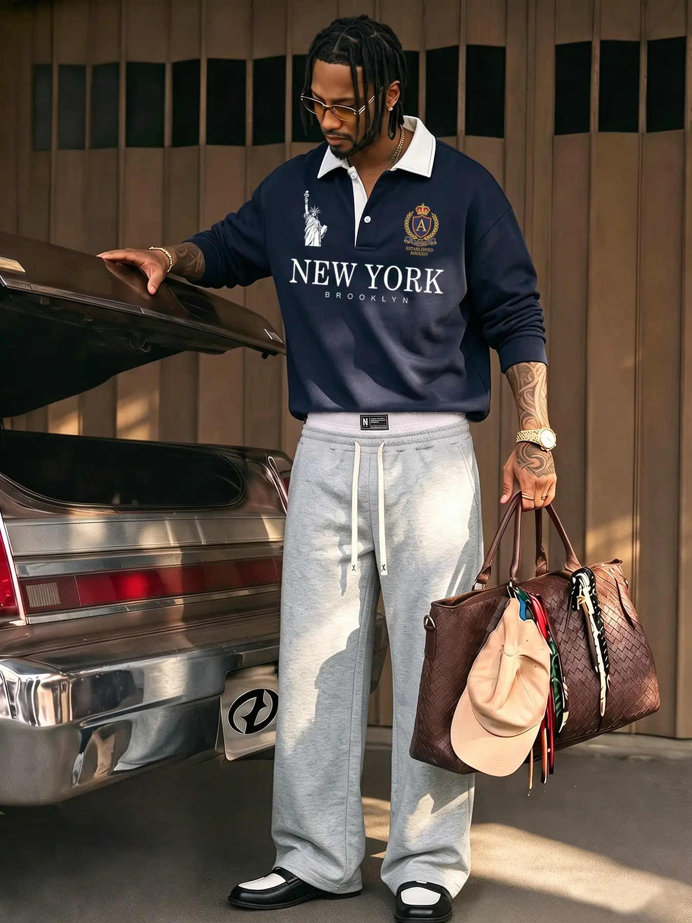 Y2K Men's Two-Piece Sport Set, New York Print Long Sleeve Polo Shirt + Drawstring Wide Leg Sweatpants, Soft Knit Retro Streetwear