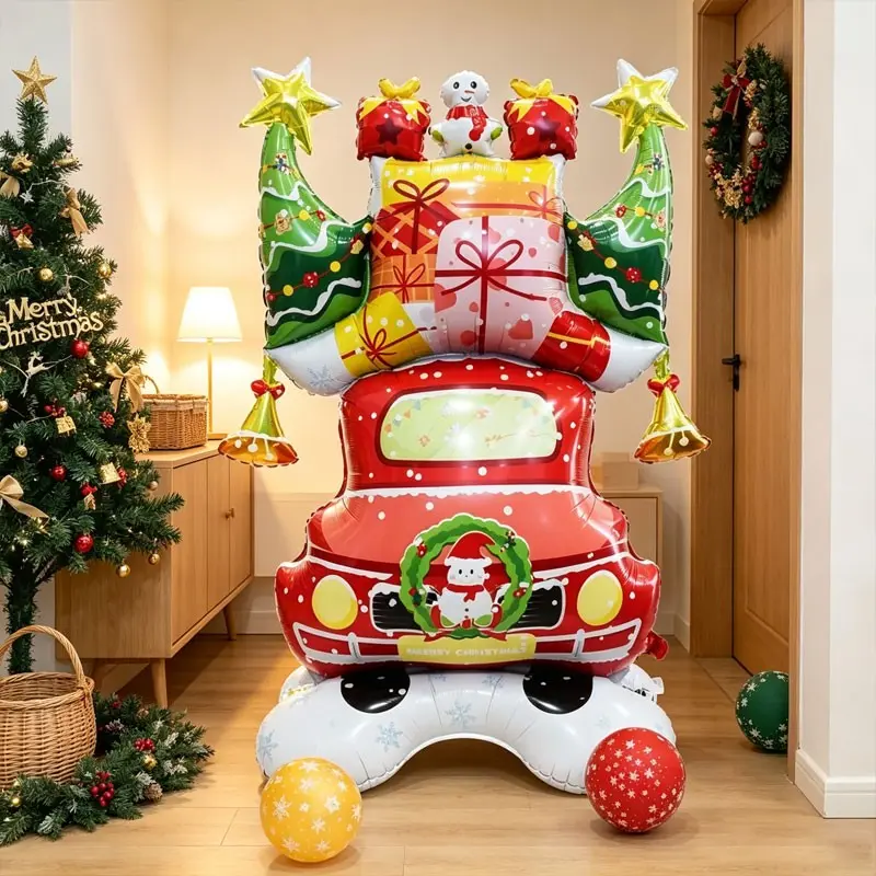 61-Inch Retro Car Aluminum Balloon, Christmas Tree & Gift Box Decor, Perfect for Holiday Parties, Indoor & Outdoor Festive Decoration