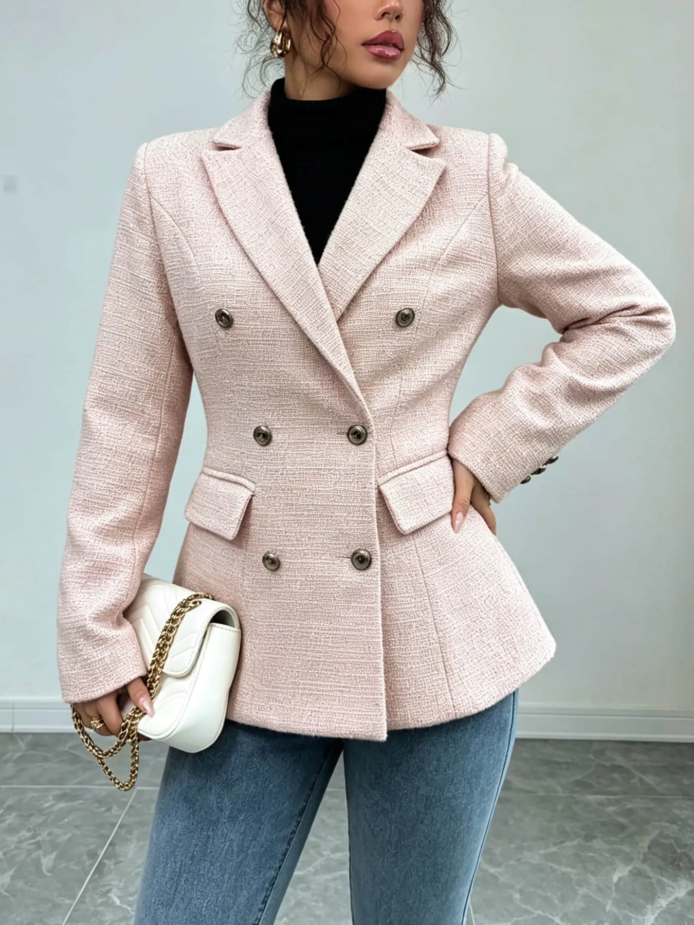 1 piece of women's fashionable light pink waist cinched suit jacket with double breasted lapel pockets and slim fit design suitable for autumn and winter, suitable for daily dating, workplace, outdoor travel, commuting