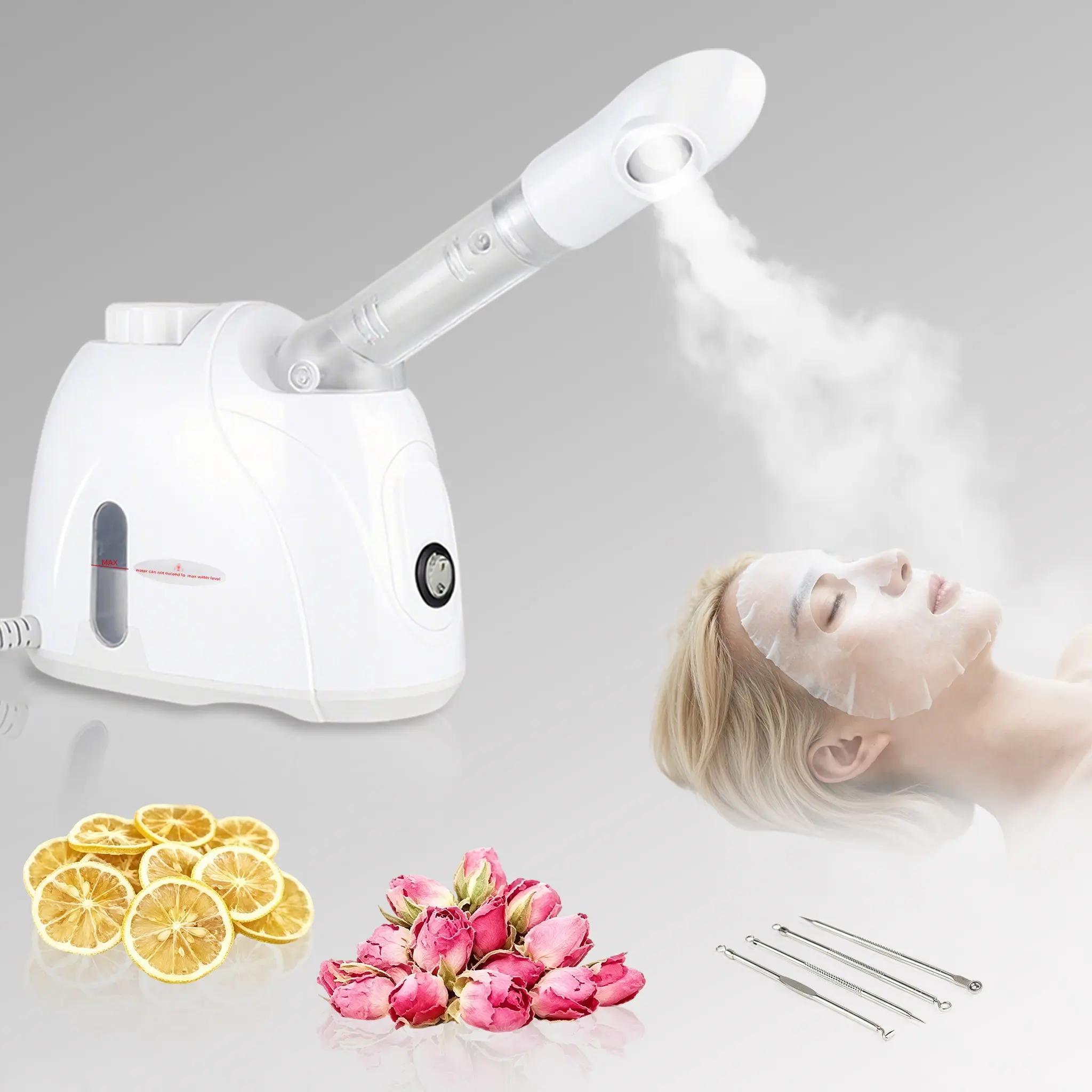 360° Rotatable Nozzle Nano Warm Mist Facial Steamer Home Skincare Kit, Warm Steam Facial Humidifier for Daily Care, Comes with 4Pcs Stainless Steel Facial Needle Tools, Portable Adjustable Facial Beauty Machine for Home Skincare Routine
