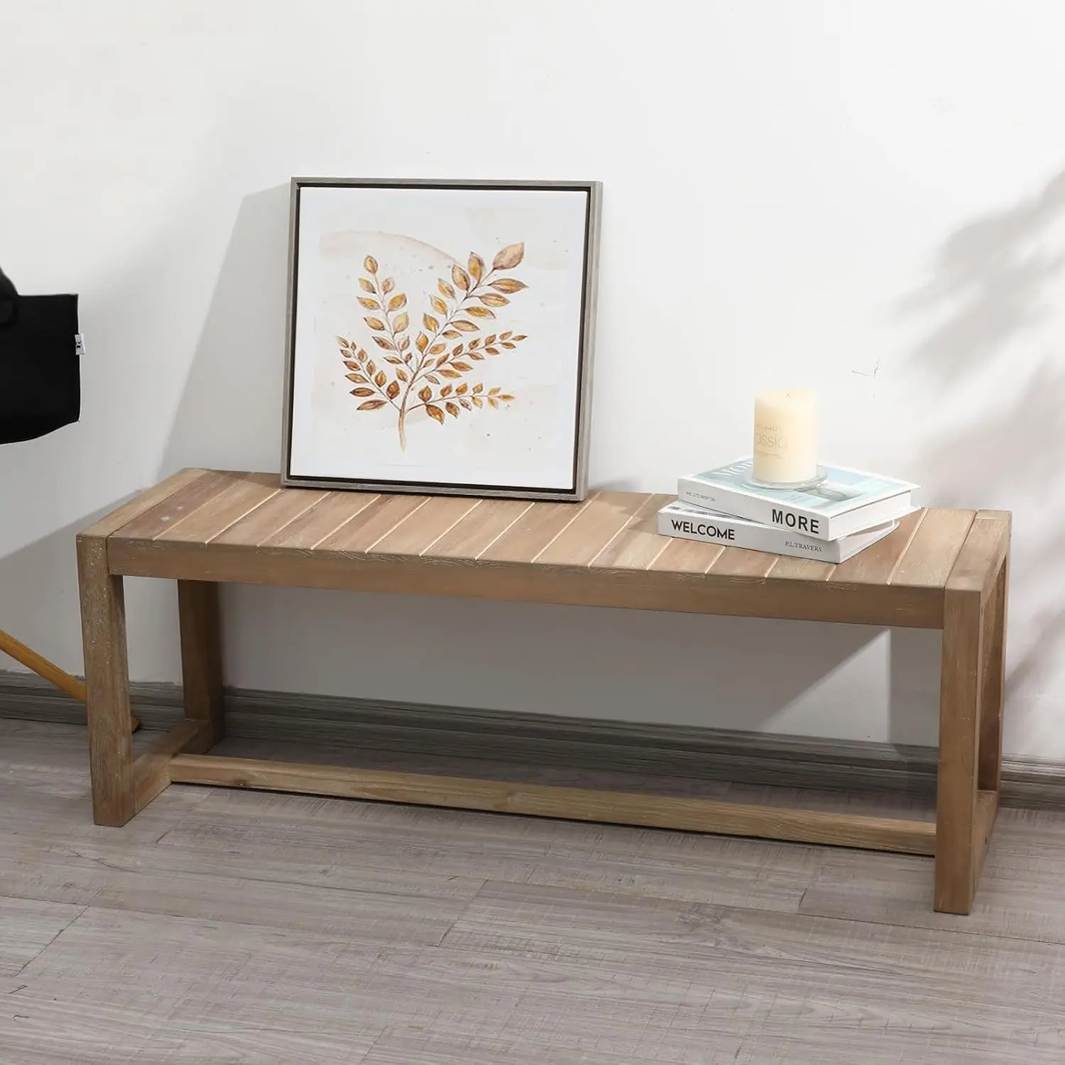 Farmhouse Solid Wood Entryway Bench with 43" Width Wood Frame, Spliced Lines & Narrow Seat - Quick Install Indoor Furniture for Living Room, Dining Area
