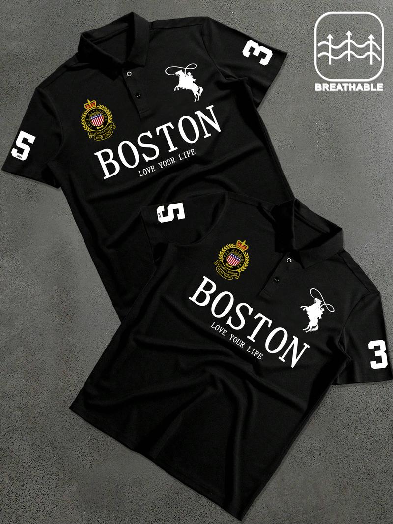 Men's Letter & Number Print Polo Shirt, Fitted Casual Collared, Regular Fit Casual Short Sleeve Top for Daily Outdoor Wear, Fashion Men's Clothes for All Seasons