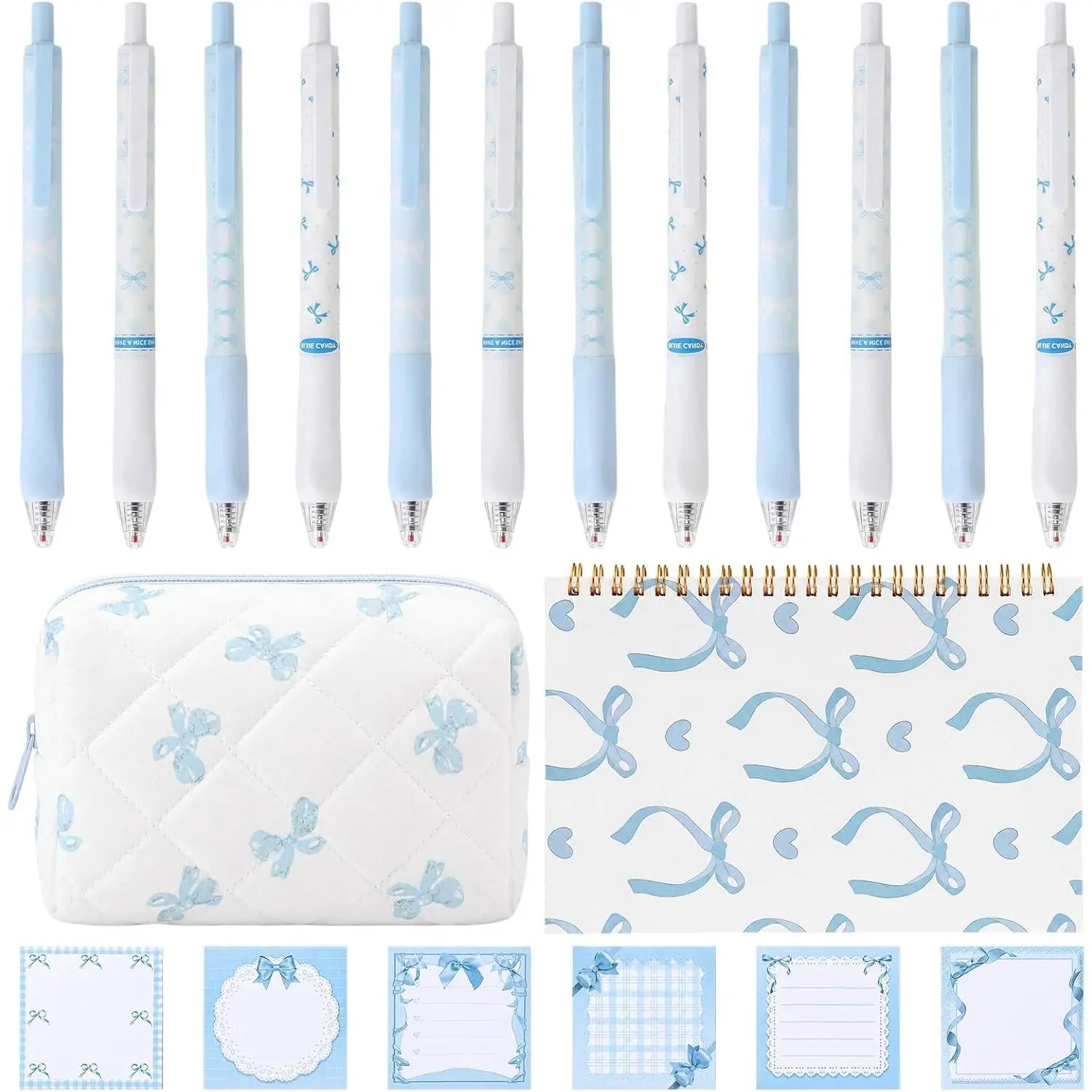 20 count Blue Bow Stationery Set, Cute Bow Pen Case, A5 Notebook, 12 Ballpoint Pens, 6 Sticky Notes, Kawaii School Supplies Kit for College Office  to School Party Favors Birthday Gifts