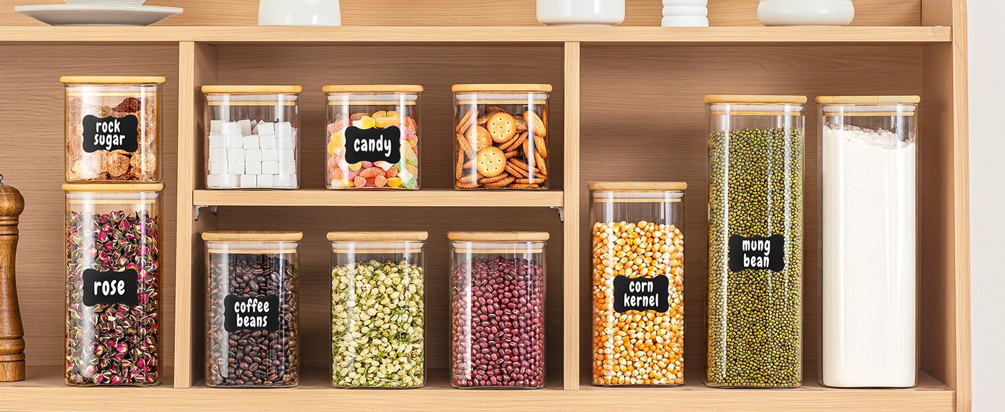 37 Oz Glass Storage Jars with Bamboo Lids - 6 Pack Clear Glass Canisters Square Airtight Stackable Ideal for Pantry Storage Containers Organizers Great for Storing Oats Coffee Beans Nuts etc