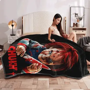 1pc Flannel Blanket Scary Horror CHUCK Doll Print with Knife Soft Plush Fabric for Sofa Cozy All-Season Throw Perfect for Horror Movie Fans Machine Washable Flannel Material