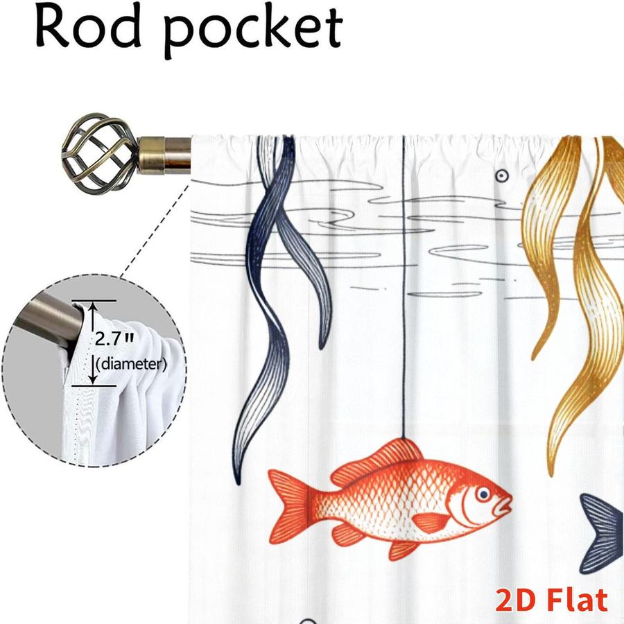 2Pcs Nautical Ocean Fish Seaweed Pattern Sun Blocking Curtains Digital Printed Rod Pocket, Window Treatment For Bedroom Office Kitchen Living Room Study Home Decor