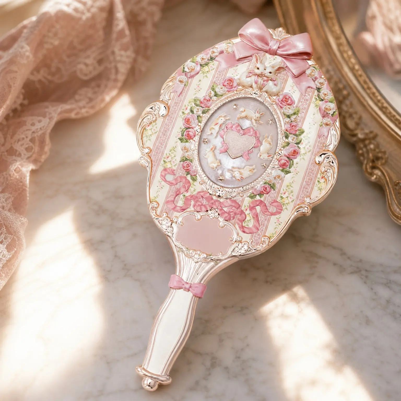 Bunny Garden Hand Mirror, Pink Decorative Makeup Mirror with Fairy-Tale Bunny & Rose Design, Easy-Grip Handle, Vanity Display, Touch-Up & Gift-Ready Collectible Decor (Rosette Pink)Gift