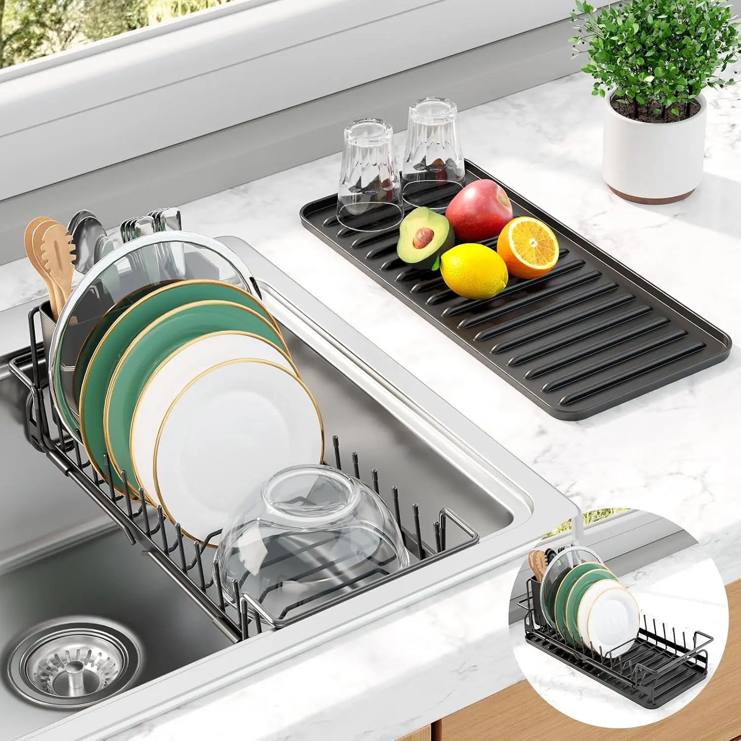 Black Expandable Dish Drying Rack 14.0‑20.9"L, Dual‑Use Over‑Sink / In‑Sink Dish Drainer with Cutlery Holder & Drip Tray for Kitchen Countertop Organization