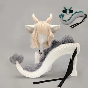 Game Anime Dragon Tail Cosplay Props Plush Ear Headwear Cartoon Animal Costume Dinosaur Tail Adult Halloween Party Carnival Prop