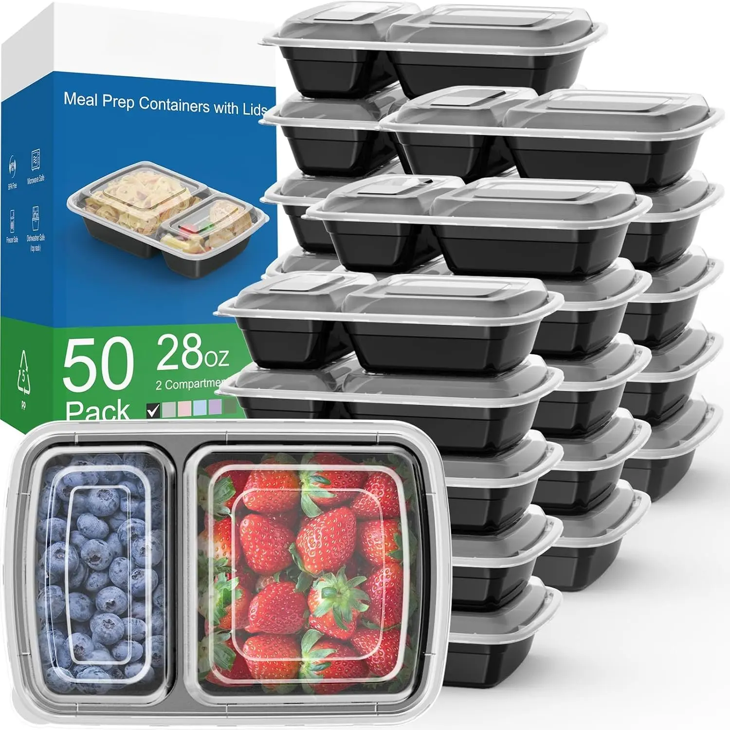 50-Pack 28 oz Stackable 2-Compartment Thick Black Plastic Meal Prep Containers, Sturdy Leakproof, Microwave Freezer Dishwasher Safe, Ideal for To-Go Takeout Kitchen Preserving Storage, Thick Plastic