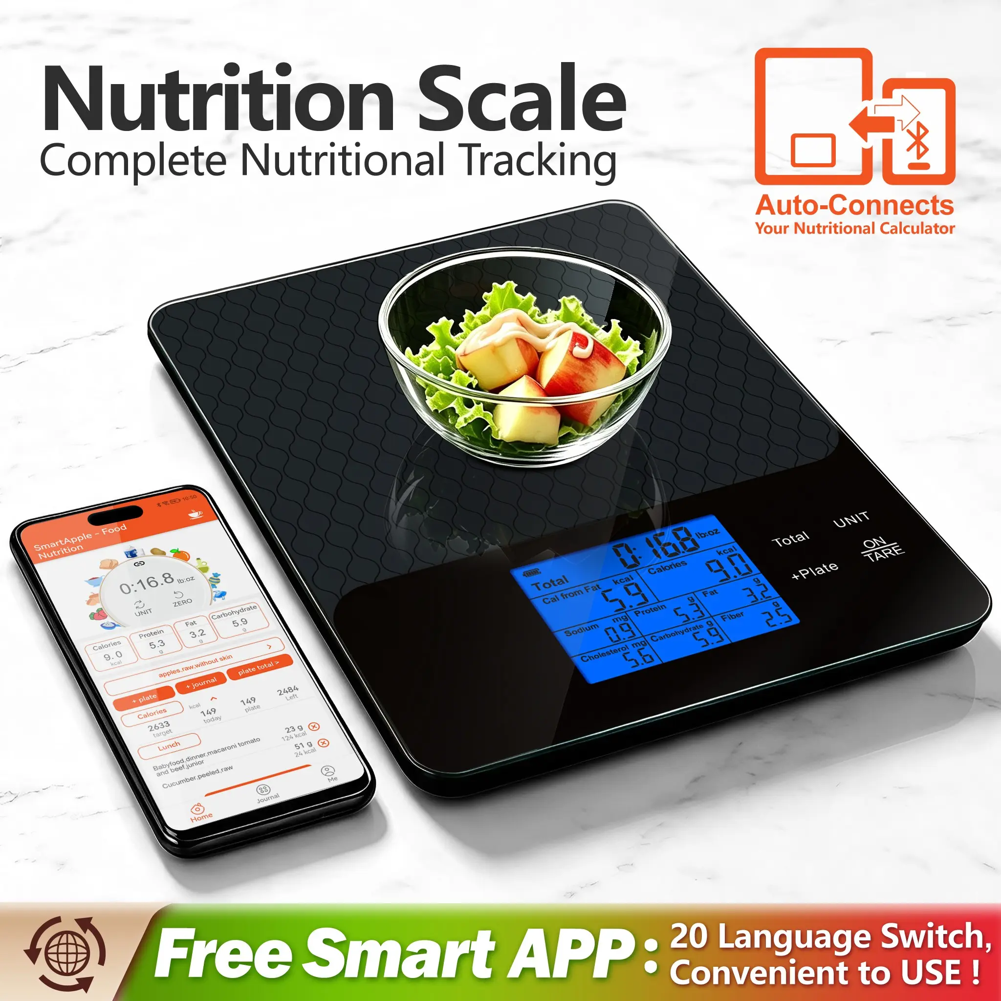 1PS Smart Food Kitchen Scale with Nutrition Calculator, Smart App Supported, 22lb Capacity. Free App for Nutrition Tracking, Calorie & Macro Calculation; Grams/Ounces Unit Switch. Ideal for Weight Loss & Fitness Management, Great Holiday Gift, Black