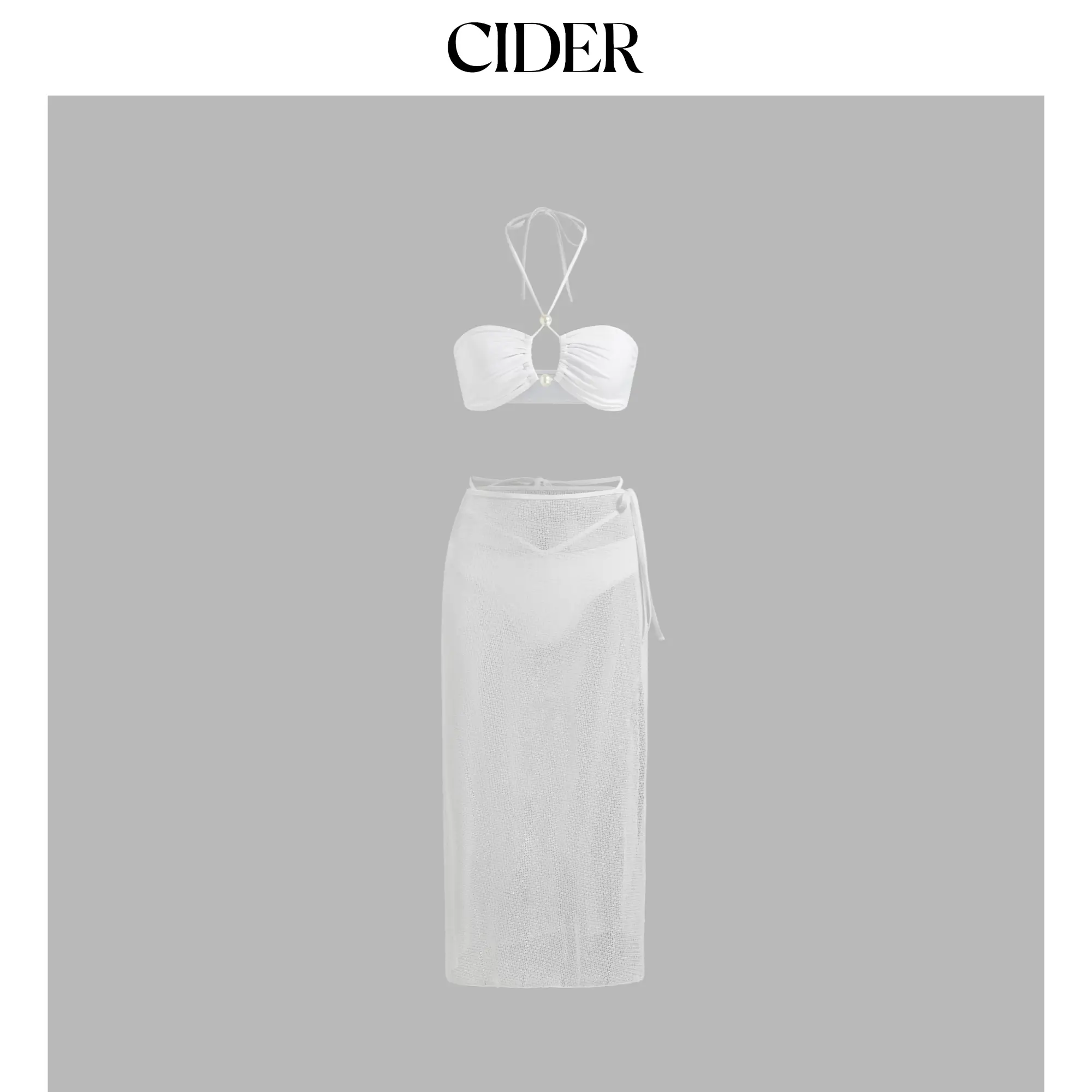 Cider V-neck Cut Out Beaded Halter Cheeky Bikini Set With Sarong