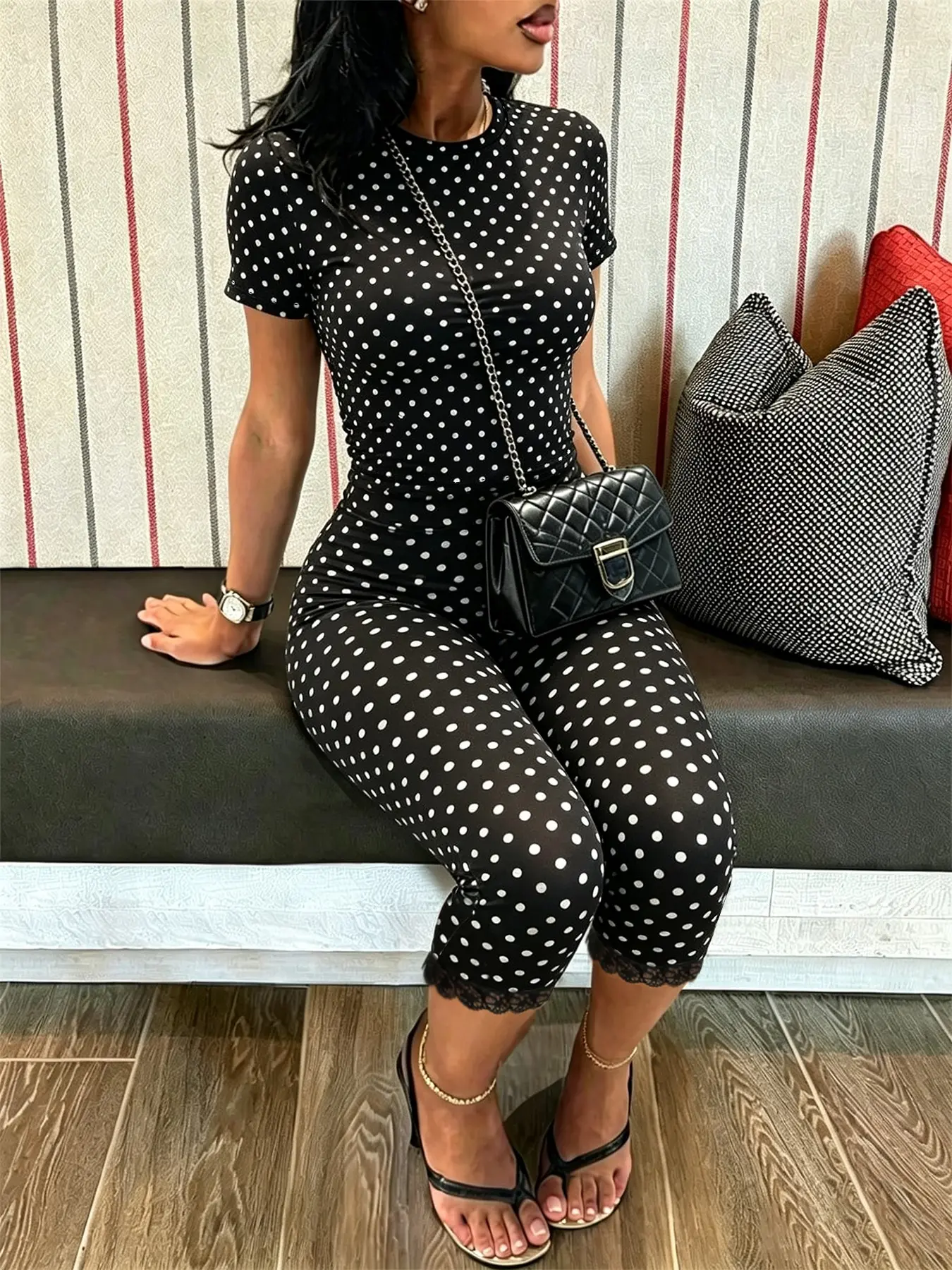 Women's Polka Dot Short Top and Three-Quarter Pants Two-Piece Set, Slim Fit Casual Summer, Boho Bohemian Streetwear for Daily Wear and Vacation