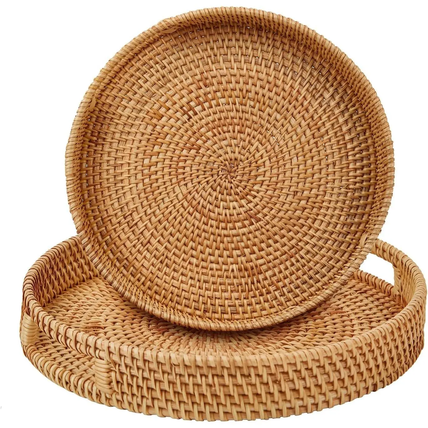 Round Rattan Serving Tray with Handles,2 Hand Woven Basket, Home Decor Organizer Tray for Breakfast, Tea, Snack, Fruit, Coffee, Storage (Large + Medium)(14.17inchX2.3inch+11.9inchX1.7inch)