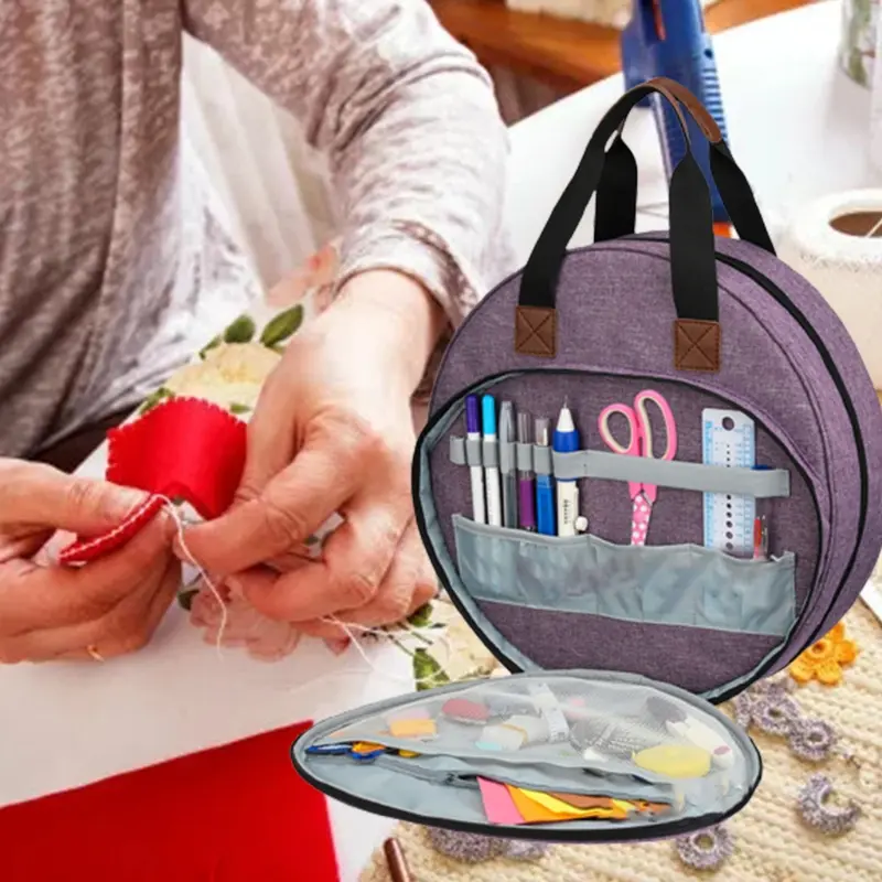 Large Capacity Embroidery Supply Storage Tote Bag with Multiple Mesh Pockets, Wool & Cloth Insert, 32x30x6 cm Size, Portable Travel Organizer for Needles, Thread, Hoops, Craft Lovers, Durable Cloth, Embroidery Tools