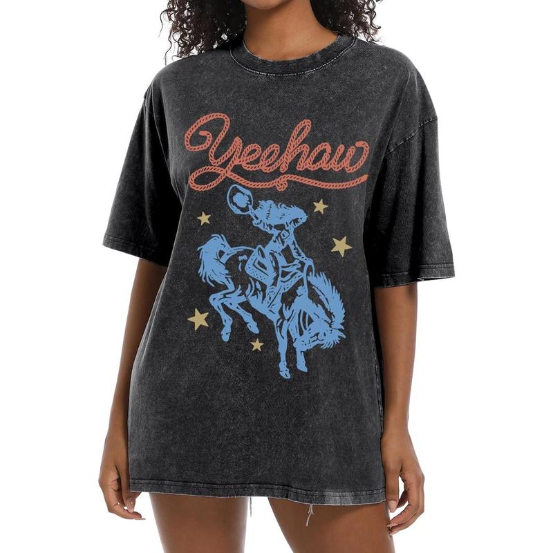 Men's Vintage Oversized Western Shirt - Short-Sleeve, Cowgirl Graphic, Rodeo-Inspired, Essential, Comfortable, Pair with Skirts or Flat Joggers for Country Concerts