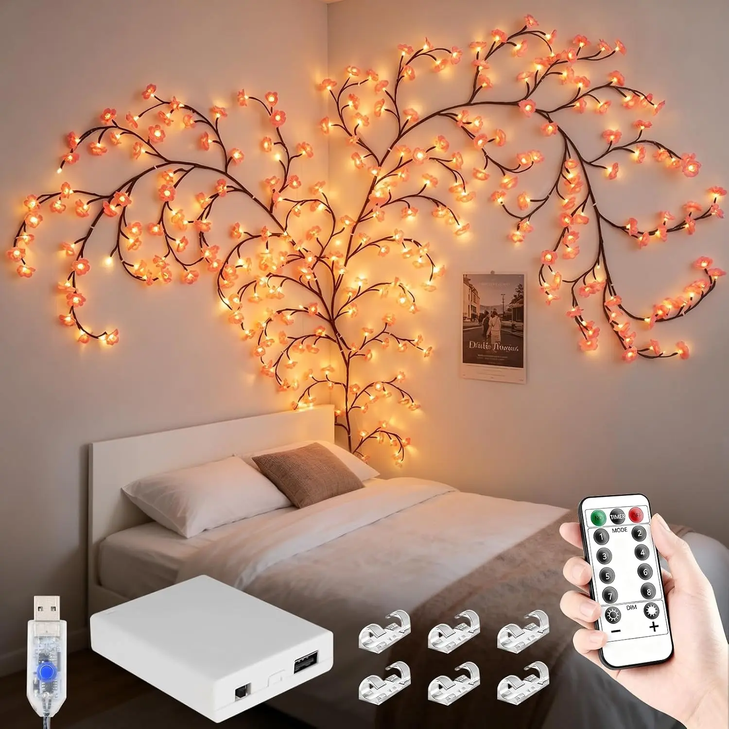 Cherry Enchanted Willow Vine Lights, 4FT 48LED Pink Cherry Blossom Tree Branch Lights for Wall, Remote Timer,8 Light Model,Bedroom Wall Doors Wedding, Christmas, USB Battery Box