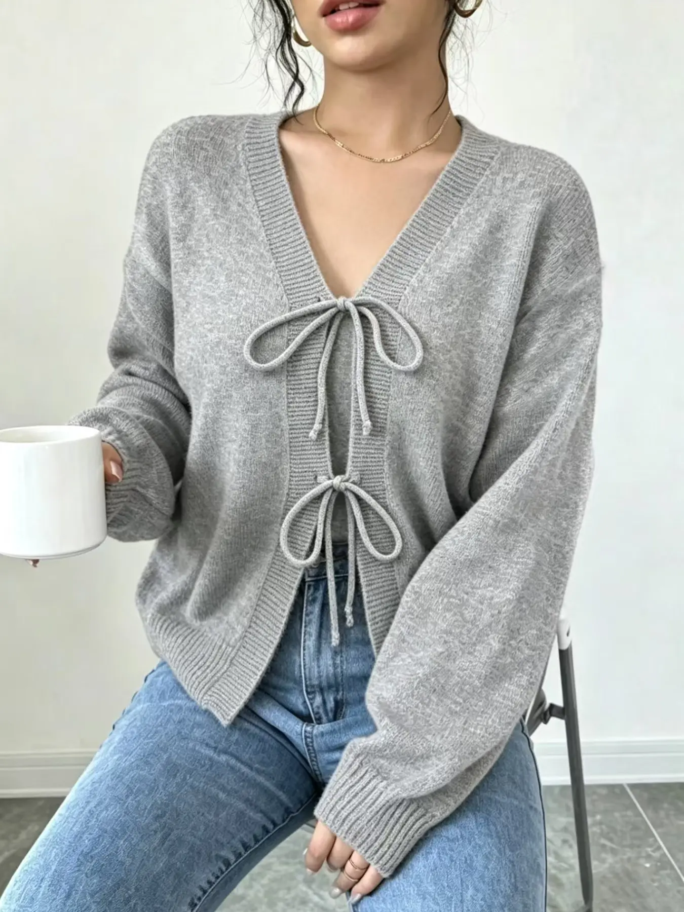 Women's Bow Cardigan, V-Neck Long Sleeve, Casual Fall & Winter Sweater, Soft Knit, Slim Fit, Daily Wear, Commute, Street Style