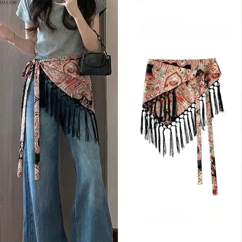 Women’s Printed Triangular Waist Wrap Scarf, layered half skirt design with tassel ties. Stylish versatile dance cover-up wrap skirt, lightweight printed fabric for belly dance, beach outfits and casual fashion matching, easy to tie and adjust for all bod
