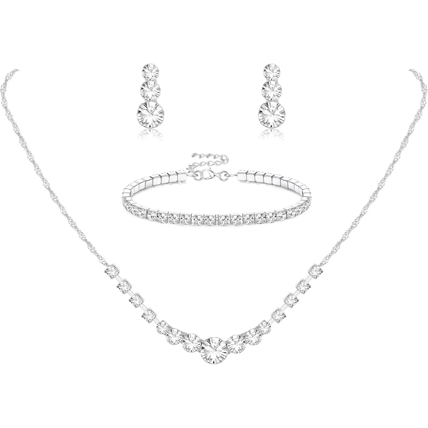 Silver Jewelry Set for Women, Rhinestone Crystal Necklace Drop Earrings Link Bangle Bracelet, Bridal Wedding Jewelry Sets for Brides Bridemaid, Ladies Jewellery Accessory Set