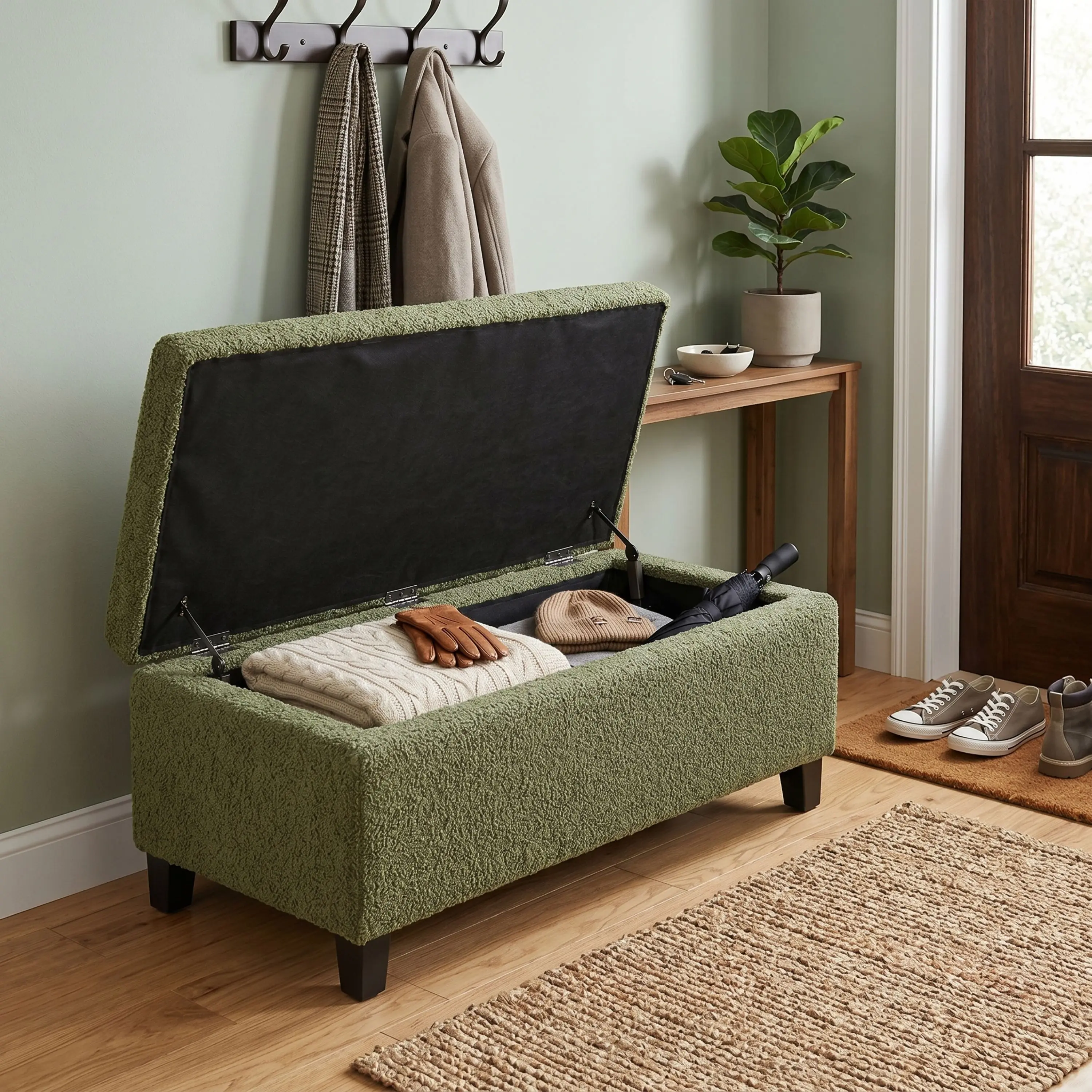 Nokaa Storage Ottoman with Flip-Top Lid, Boucle Fabric & Rubber Wood Legs, Retro Green, 39"L x 19.25"W x 16.5"H, Footrest Bench for Living Room, Bedroom, Entryway, Easy Assembly, 600lbs Capacity, Retro Green Color Options, Boucle/MDF/Plywood/Rubber