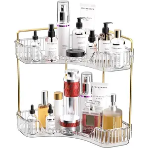 2 Tier Bathroom Counter Organizer, Multi-Function Corner Bathroom Countertop Organizer, Makeup Perfume Organizer for Dresser Vanity Tray, Spice Rack Organizer for Kitchen (Clear)