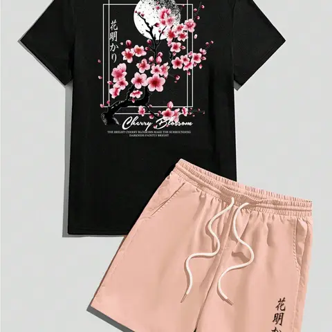 Two-Piece Set Men's Cherry, Floral, Letter & Graphic Print Japanese Style Regular Fit Crewneck Short Sleeve Tee & Short Set, Streetwear Casual Co-ord for Summer, Going Out Outfit for Outdoor Fitted Menswear Clothes Round Neck Cultural