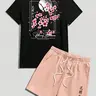 Two-Piece Set Men's Cherry, Floral, Letter & Graphic Print Japanese Style Regular Fit Crewneck Short Sleeve Tee & Short Set, Streetwear Casual Co-ord for Summer, Going Out Outfit for Outdoor Fitted Menswear Clothes Round Neck Cultural