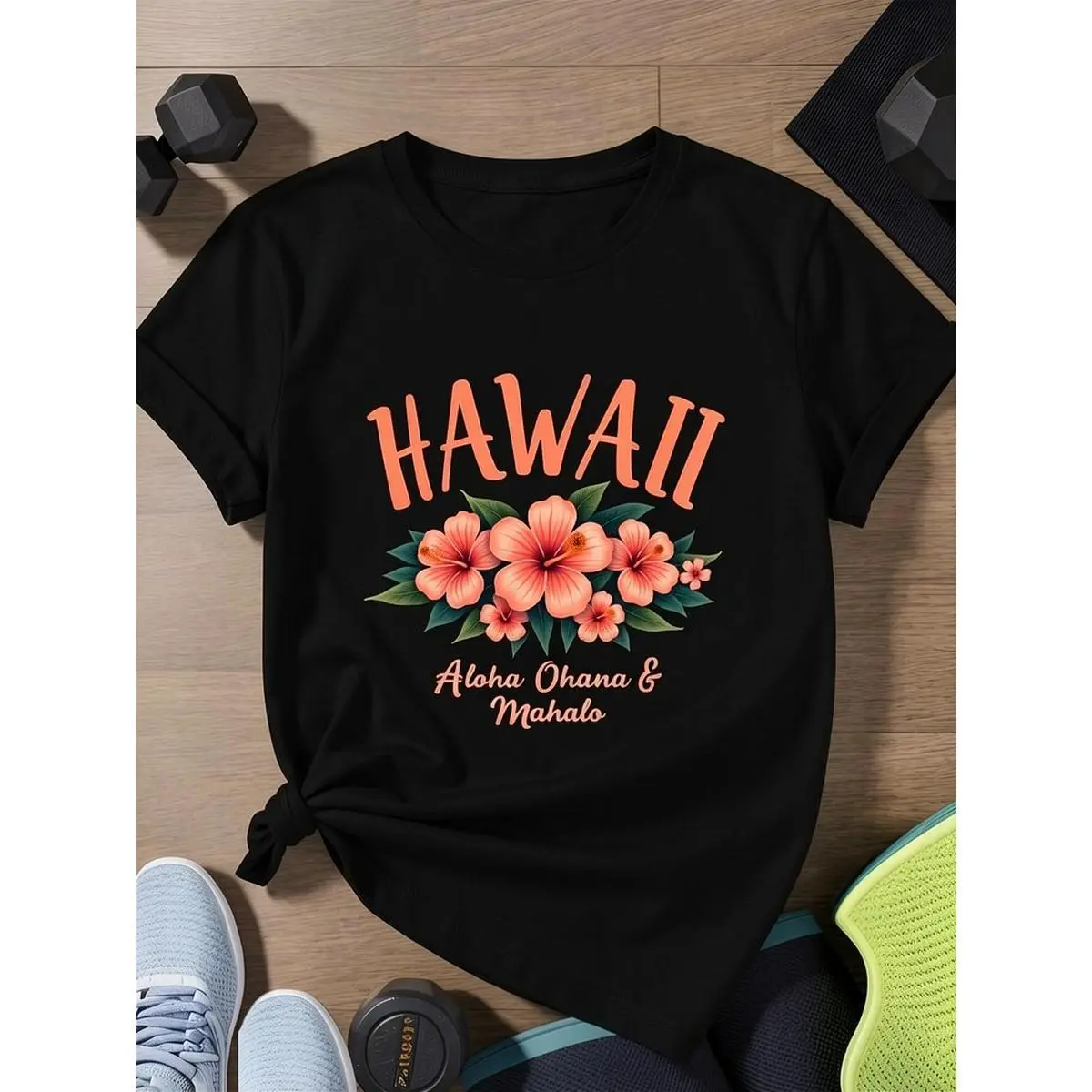 Hawaii Aloha Ohana Mahalo Hibiscus Floral Graphic T-Shirt - Black Crew Neck Short Sleeve Tee, Made from Ultra-Soft, Lightweight And Breathable for Summer, Designed for a Relaxed Fit to Ensure Comfort Every Day - Ideal for Beach Vacations