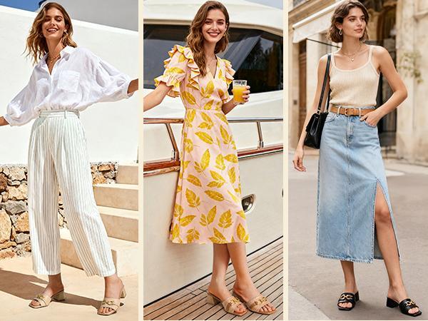 Women's Raffia Heeled Sandals Square Open Toe Slip On Mules Chunky Block Heels with Metal Chain for Summer Vacation