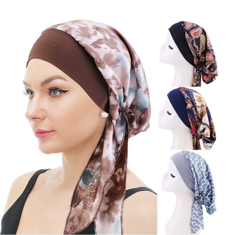 Elastic Wide Band Satin Bonnet, Ethnic Print Head Wrap Hair Care Cap