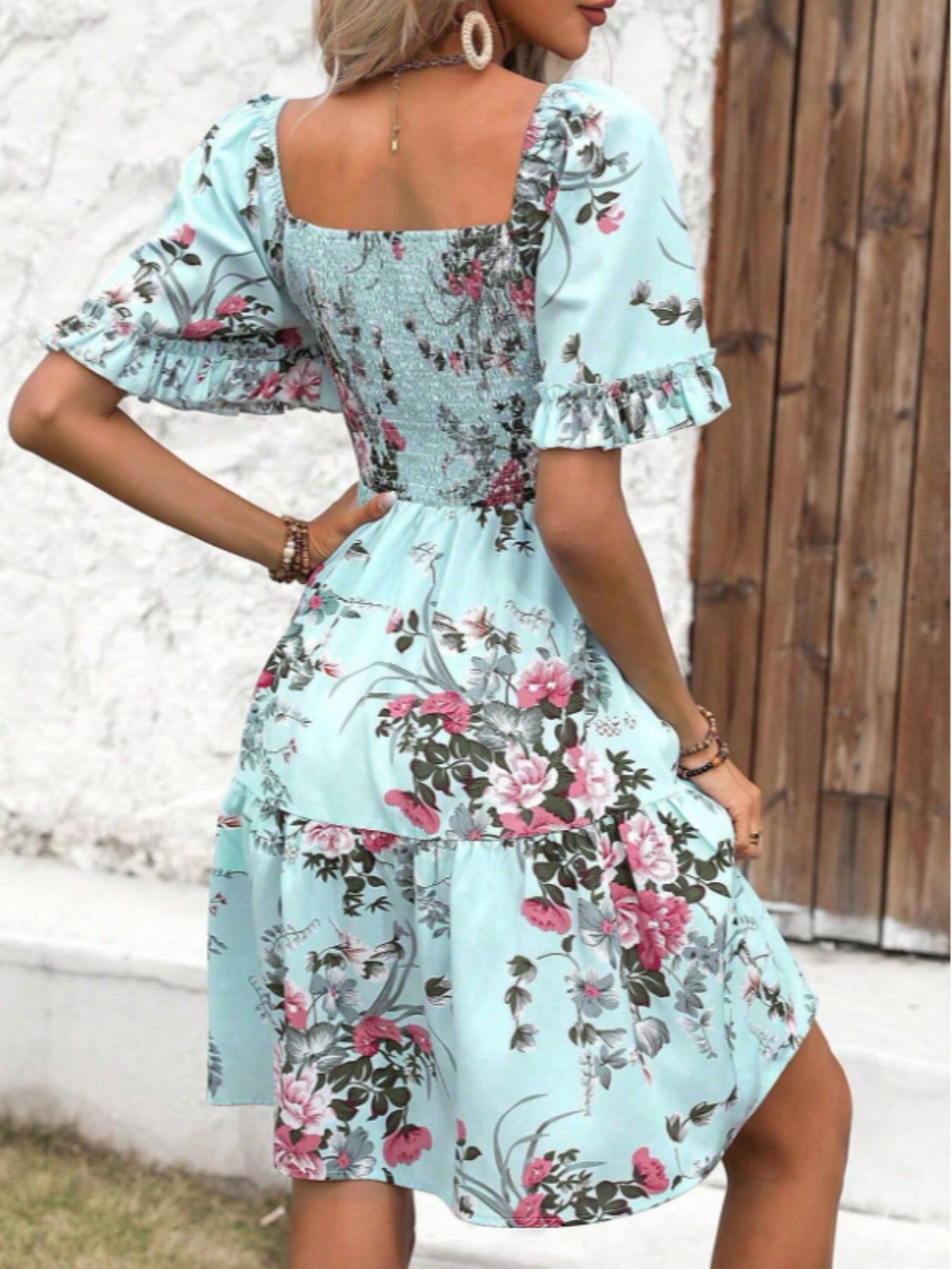 Women's Floral Print Ruffle Hem Shirred Slim A Line Dress, Casual  Boho Romantic Flounce Sleeve Square Neck Short Dress for Beach Vacation, Ladies Summer Clothes
