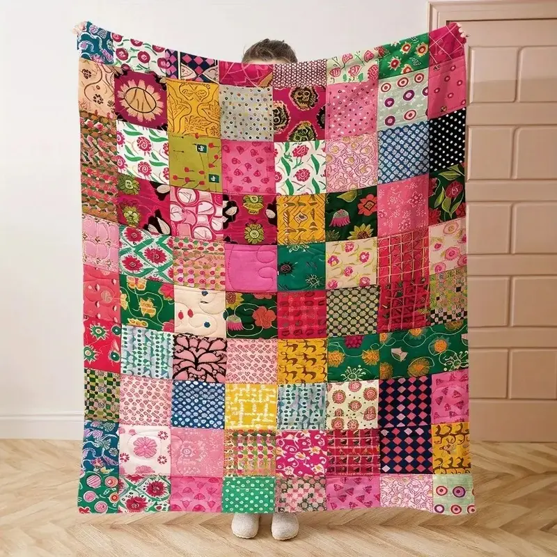 Flannel Fabric Cooling Blanket with Bright Patchwork Print, Floral-Geometric Pattern, Soft Warm Throw for Mid-Century Modern Home Decor, Indoor-Outdoor Use, Birthday Gift Ideas with Cooling Effect