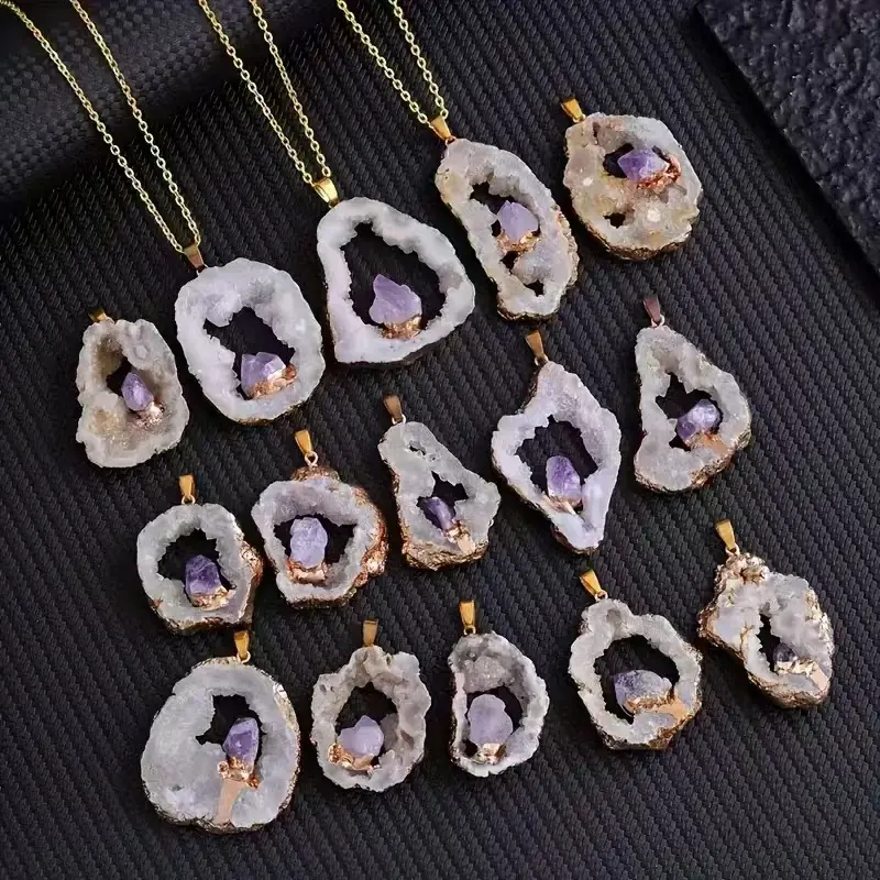 Irregular Geode Agate Slice Pendant Necklace Inlaid Natural Amethyst Crystal Thin Gold Electroplated Metal Rim Hollow Raw Stone Matte Adjustable Cord For Women Daily Boho Casual Stackable Decorative Neck Jewelry