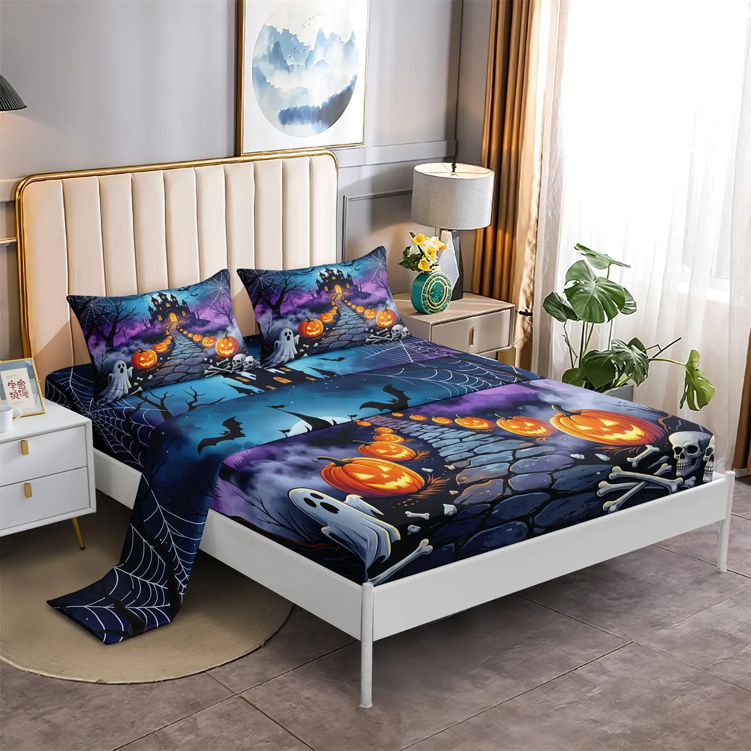 4‑Pieces Halloween Haunted Castle Bedding Sheet Set, Pumpkin Ghost Skull Bat Spider Web Print Fitted Sheet & Flat Sheet with 2 Pillowcases, Soft Polyester Bed Sheets for Bedroom Dorm Halloween Party Home Decor