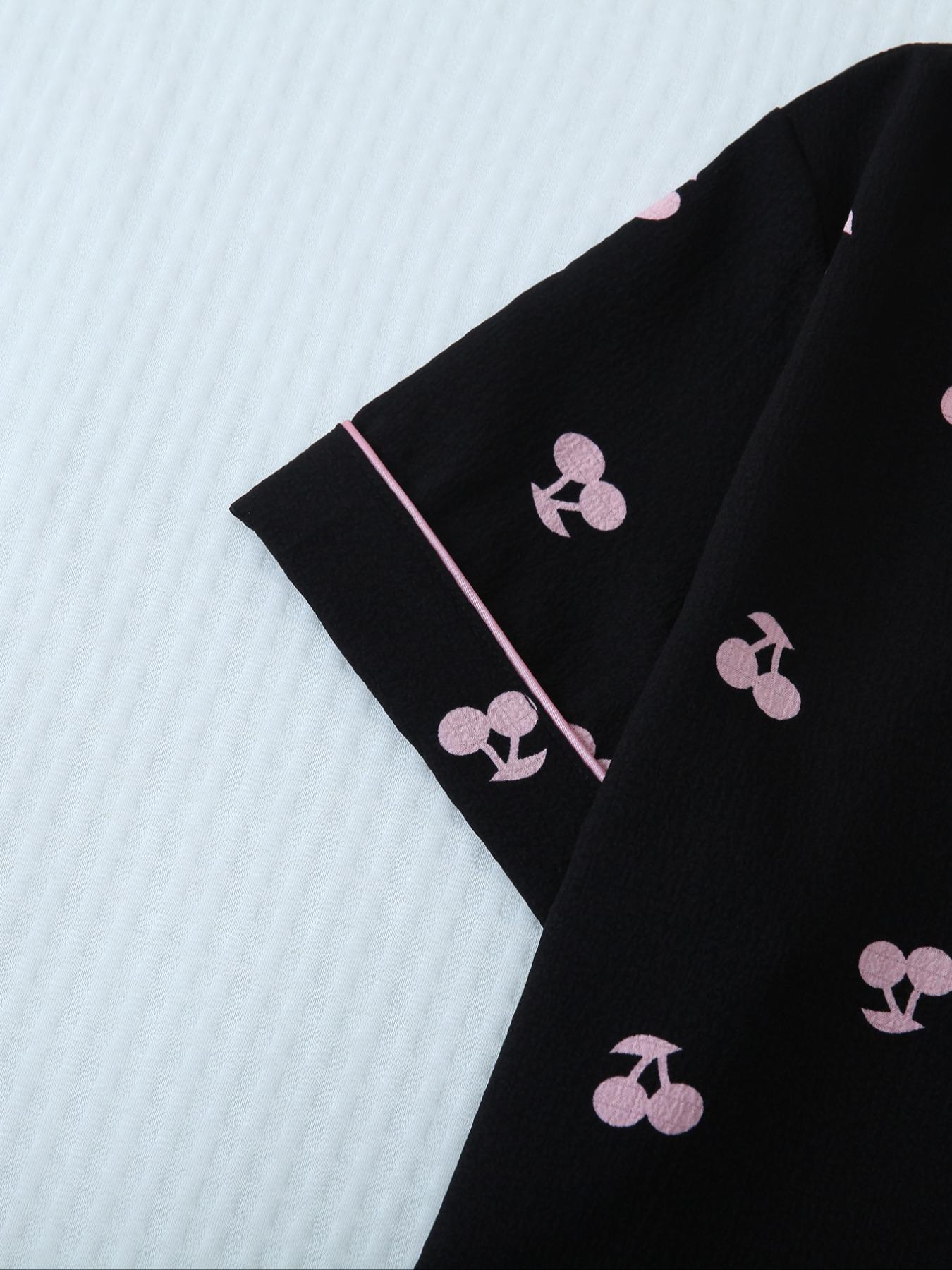 Two-Piece Set Women's Cherry Print Contrast Binding Lapel Shirt & Bow Decor Shorts Pyjama Set, Button Front Short Sleeve Sleep Top & Elastic Waist Shorts PJ Set, Summer Sleepwear Set for Ladies, Pajamas, Loungewear