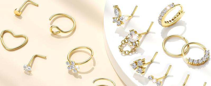 THUNARAZ 18 Pcs 14K Gold Filled Hoop L Shape Nose Rings for Women Men Hypoallergenic Stainless Steel Nose Studs Cute Heart Square CZ Nose Bone Screw Nostril 18g 20g Piercing Jewelry for Daily Outings Christmas Gift