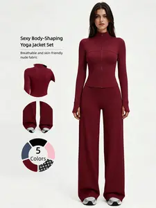Women's High Neck Zipper Jacket Yoga Activewear Set, Breathable Quick-Dry Sportswear, Fitted Long Sleeve Jacket + Wide Leg Pants, All Seasons
