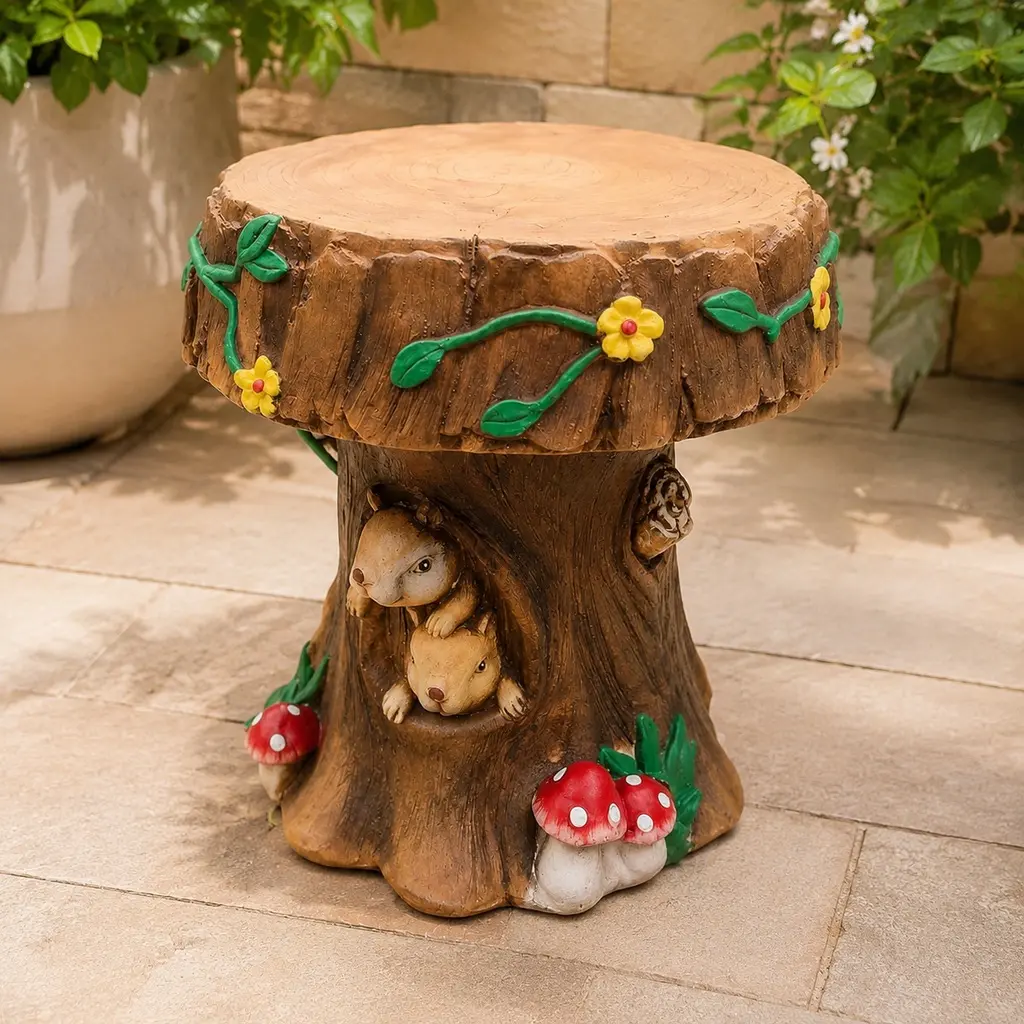 12.6" Resin Squirrel Art Deco Garden Chair - Forest Theme Tree Stump Round Accent Stool, Unique Indoor-Outdoor Decor, Patio Furniture for Backyard