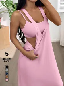 2026 French Minimalist Chic 2-In-1 Cutout Maxi Dress, Sleeveless Layered Tank Top & Dress Combo, Figure-Flattering Slim Casual Fall Dress