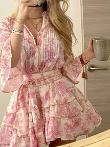 French Vintage Print V-Neck Waist Cinch Tie Dress, Romantic Bell Sleeve Short Chiffon Lightweight Dress, Elegant Party Wear