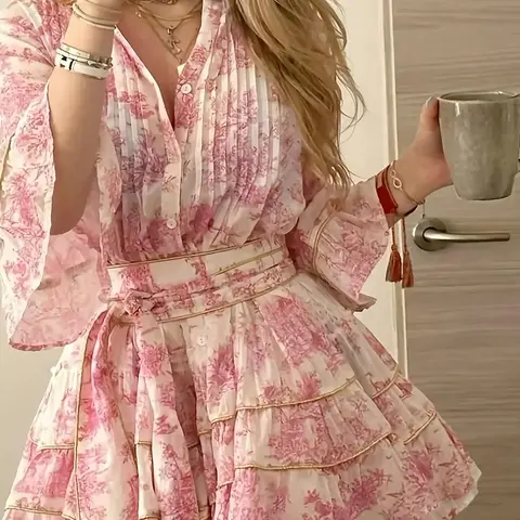 French Vintage Print V-Neck Waist Cinch Tie Dress, Romantic Bell Sleeve Short Chiffon Dress, Elegant Party Wear