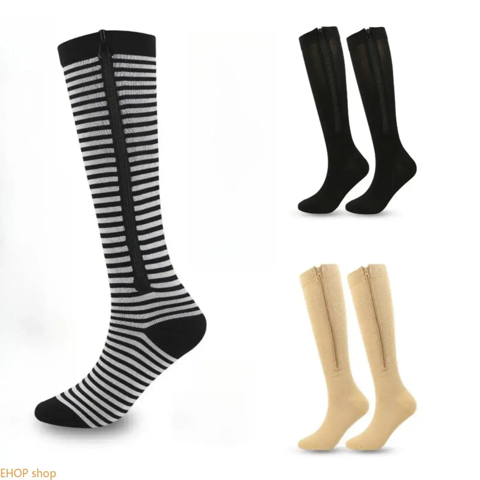 Unisex Full-Length Compression Socks, Striped Zip-Toe Design with Thermal Support for Cold Weather Running & Cycling, Polyester, Outdoor