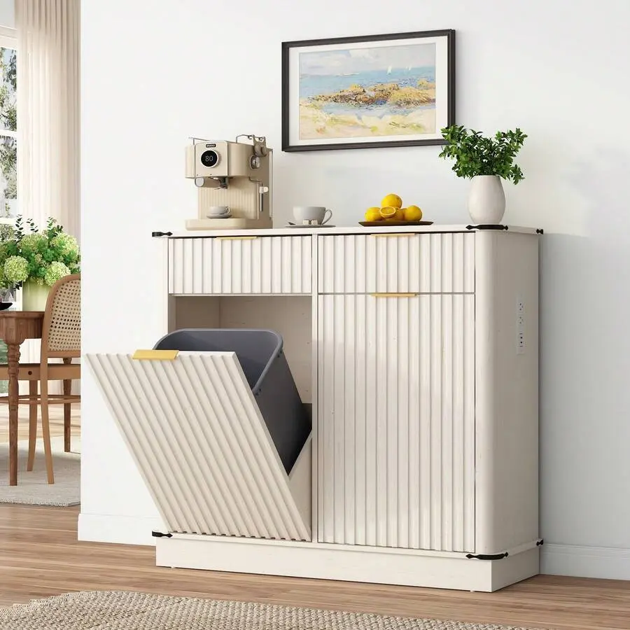 Double Tilt Out Trash Cabinet,Fluted Laundry Hamper Cabinet With 2 Drawers And Charging Station 20 Gallon Wooden Hidden Garbage Cabinet & Living Room Design